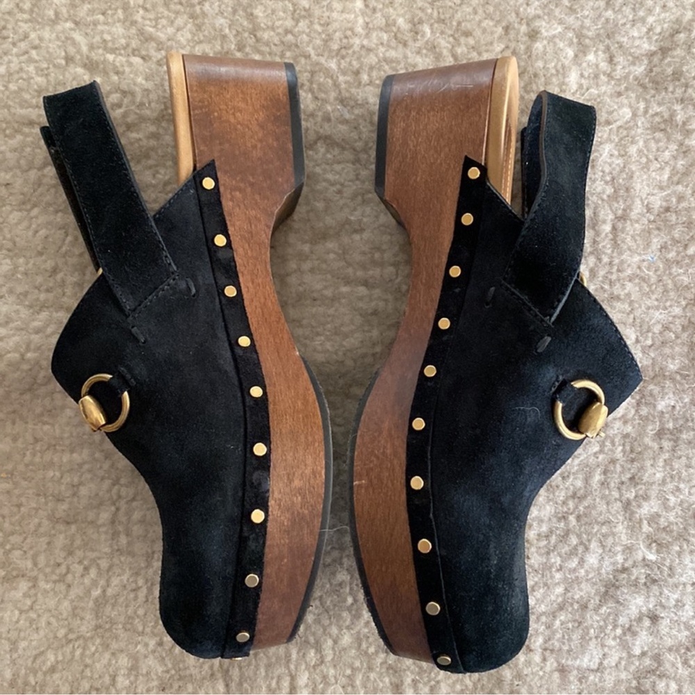 Gucci Black Suede Horsebit Clog Mules with Gold Studs - Picture 5 of 5